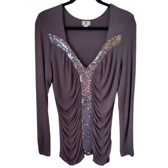 Worthington Tops - Worthington Long Sleeve  Sequin-Embellished Gray Top Size L